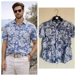 Lauren Ralph Lauren Resort Wear Shirt Blue Floral Button Up Vacation Coastal